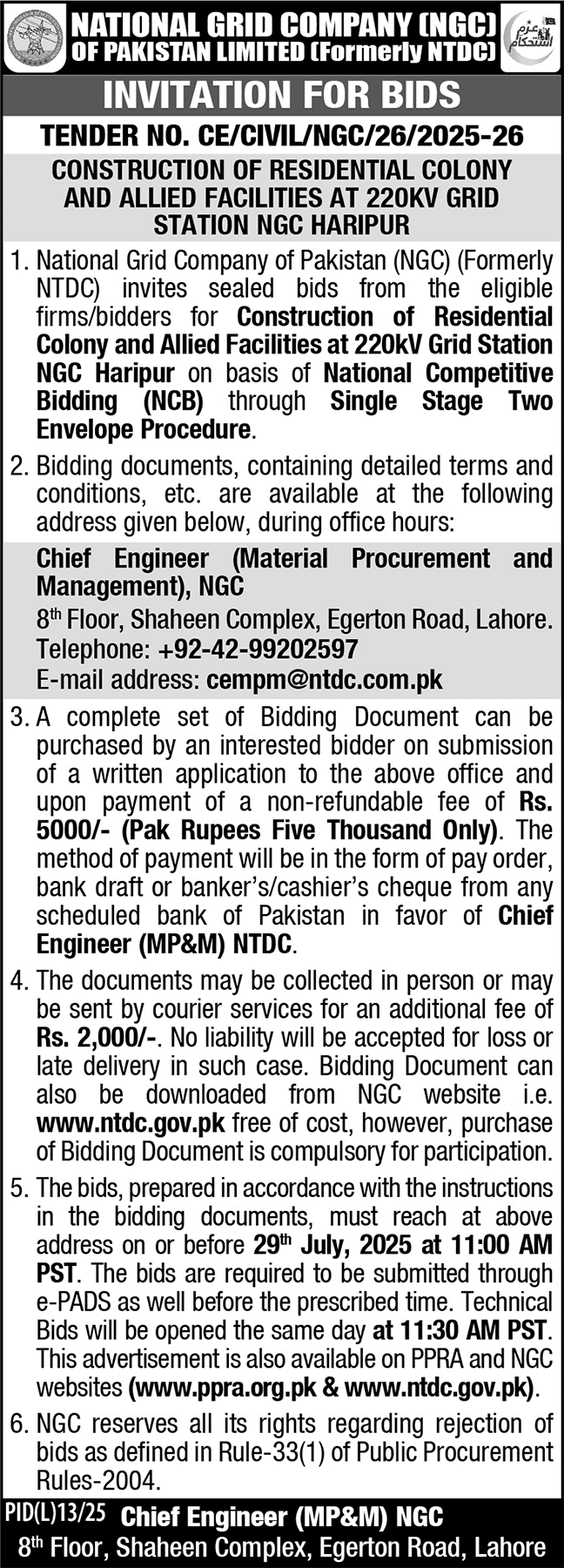 National Grid Company of Pakistan Limited Lahore Tender Notice
